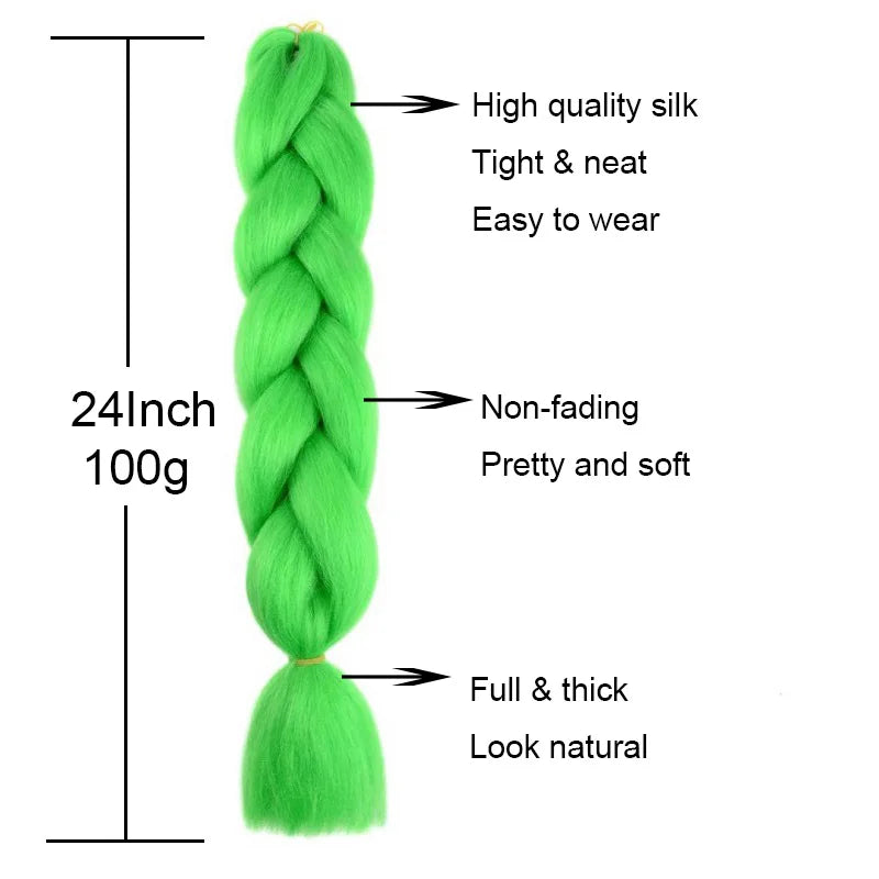 24-inch synthetic ombré braided hair extension from Corporación Turística, shown in a natural braided style and vibrant color blend.