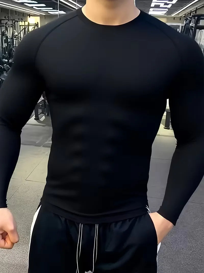 Men's high-elastic compression fitted T-shirt by Corporación Turística, showcasing its snug fit and stretchy fabric.