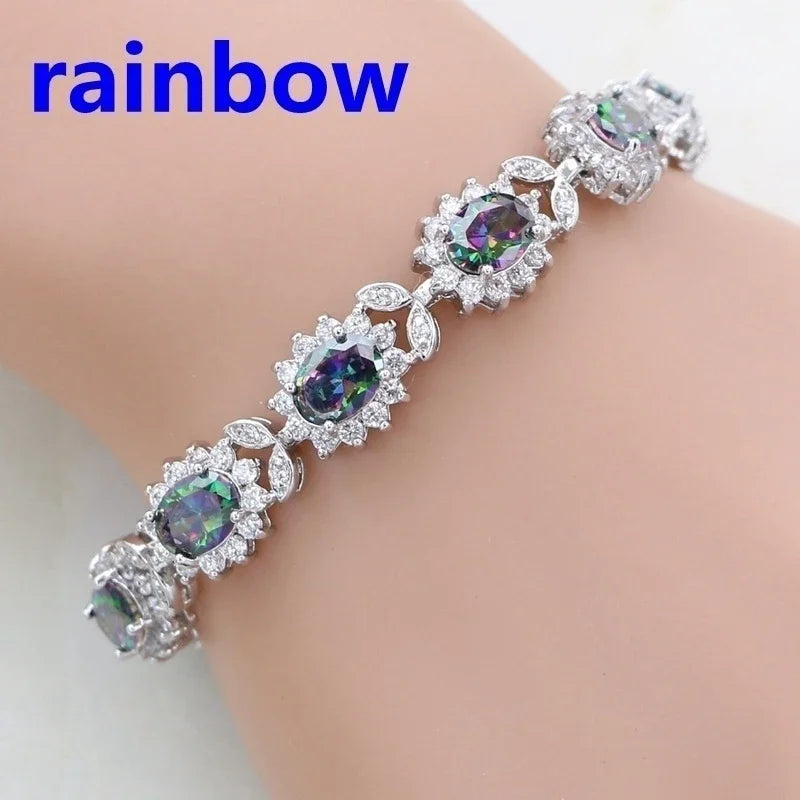 Elegant fashion crystal gemstone bracelet with rainbow-colored beads, showcasing a stylish and colorful accessory for any outfit.