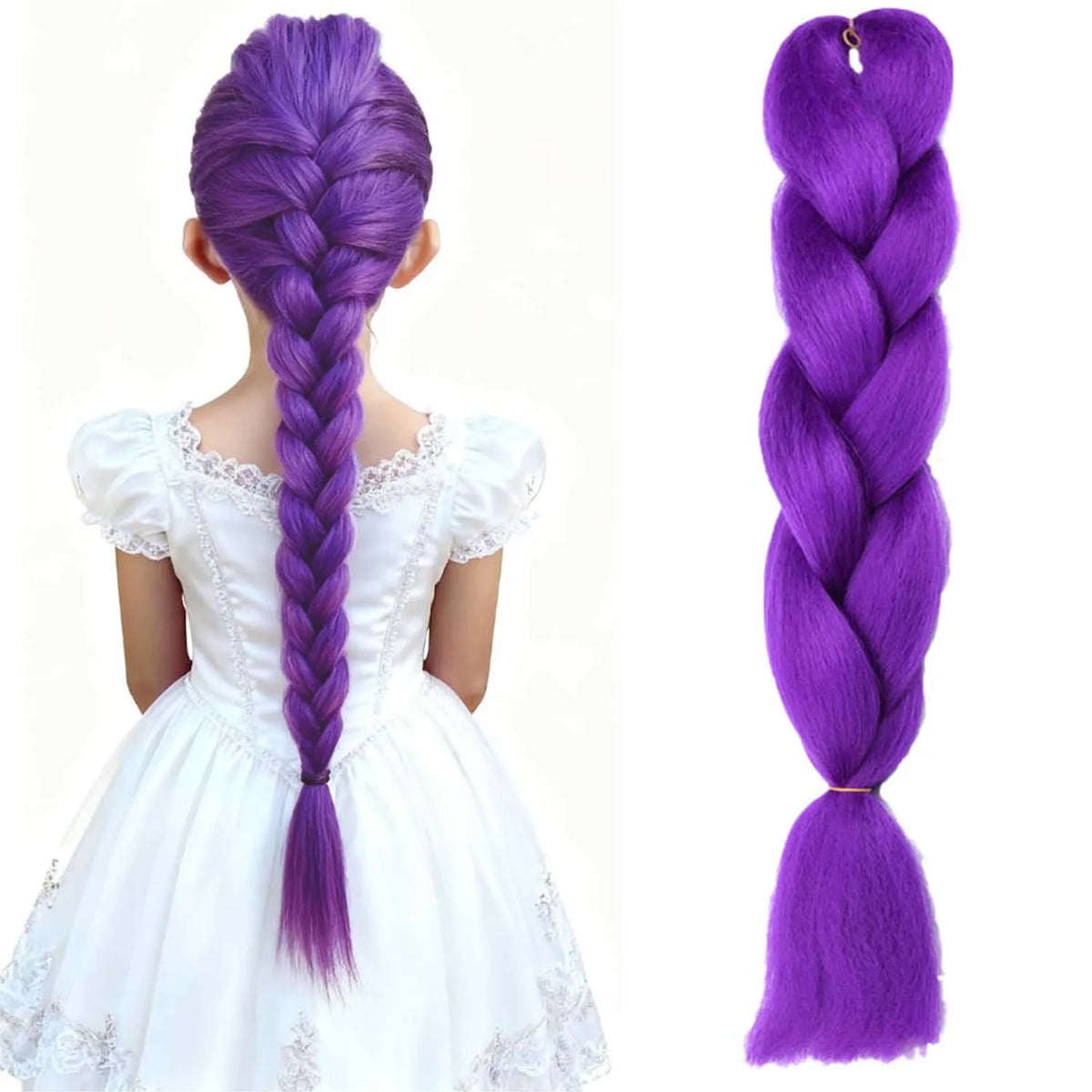 Long synthetic purple braided hair extensions from Corporación Turística, showing detailed close-up of vibrant, textured braids.