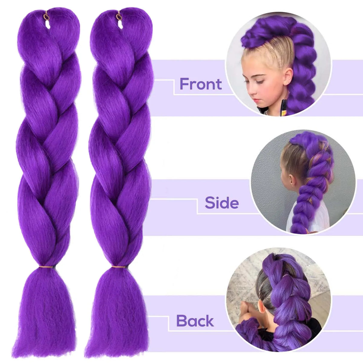 Long purple synthetic braided hair extensions from Corporación Turística, styled in a detailed, vibrant braid.
