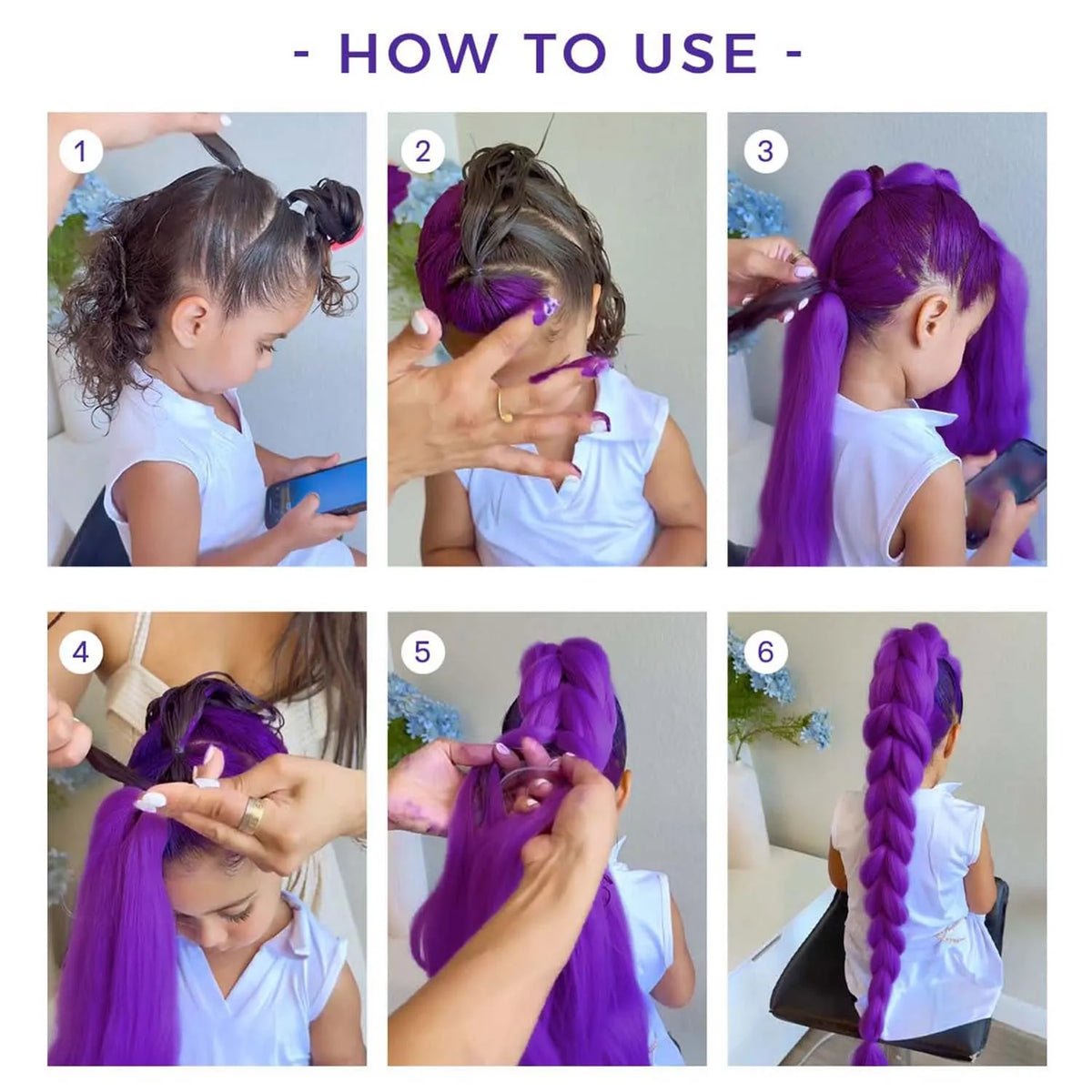 Long purple synthetic braided hair extensions from Corporación Turística, shown in a close-up of the detailed braid and vibrant color.