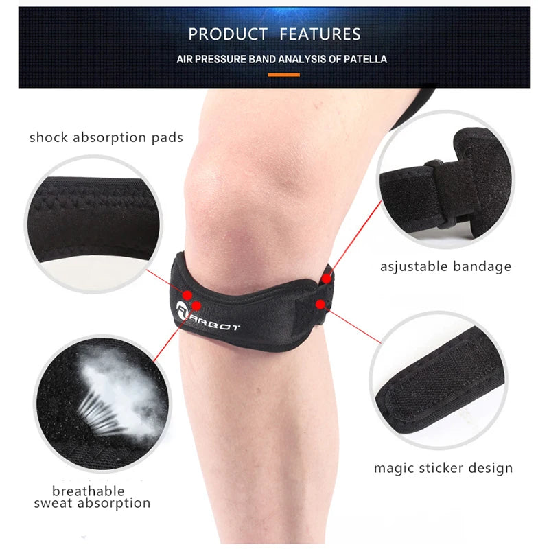 Adjustable knee brace for patellar tendon support from Corporación Turística, shown on a model’s knee for athletic injury relief.