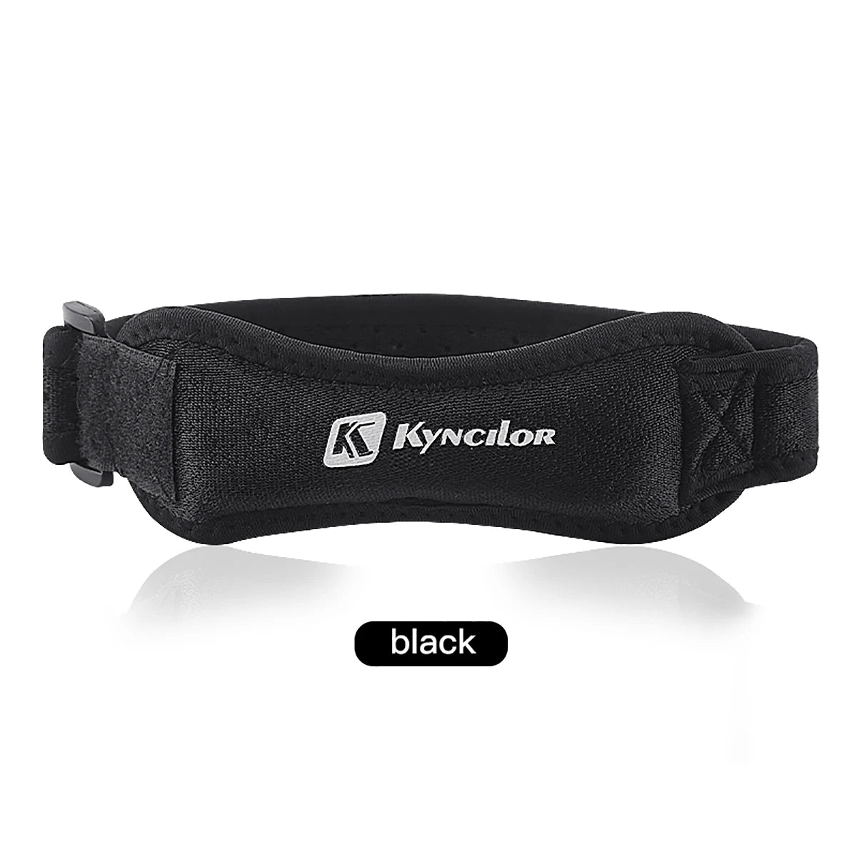Adjustable knee brace for patellar tendon support by Corporación Turística, shown on a person wearing a black athletic outfit.