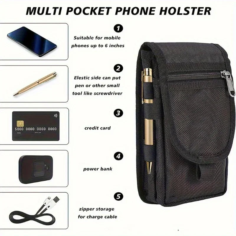 Black nylon multifunctional belt bag for mobile phones up to 6.3 inches, designed for men, with exterior compartments.