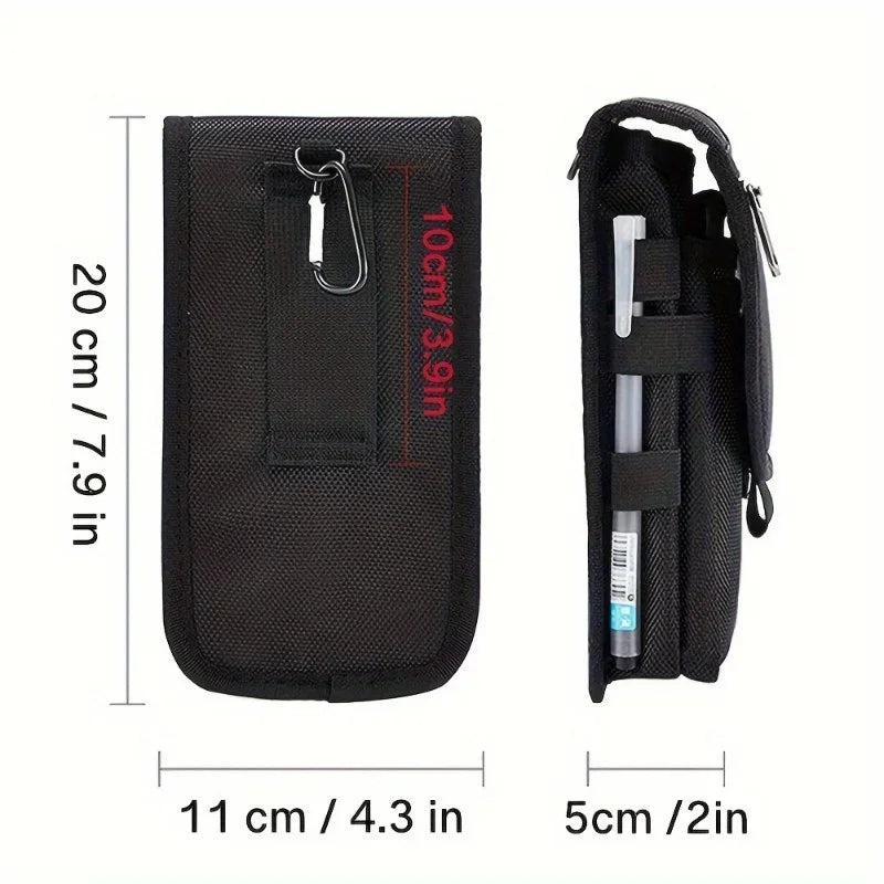 Black nylon multifunctional belt bag for men with a 6.3-inch mobile phone, featuring exterior compartments and adjustable strap.
