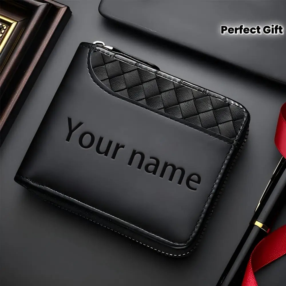 Luxury personalized men's wallet made of engraved synthetic leather, featuring a sleek black design from Corporación Turística.