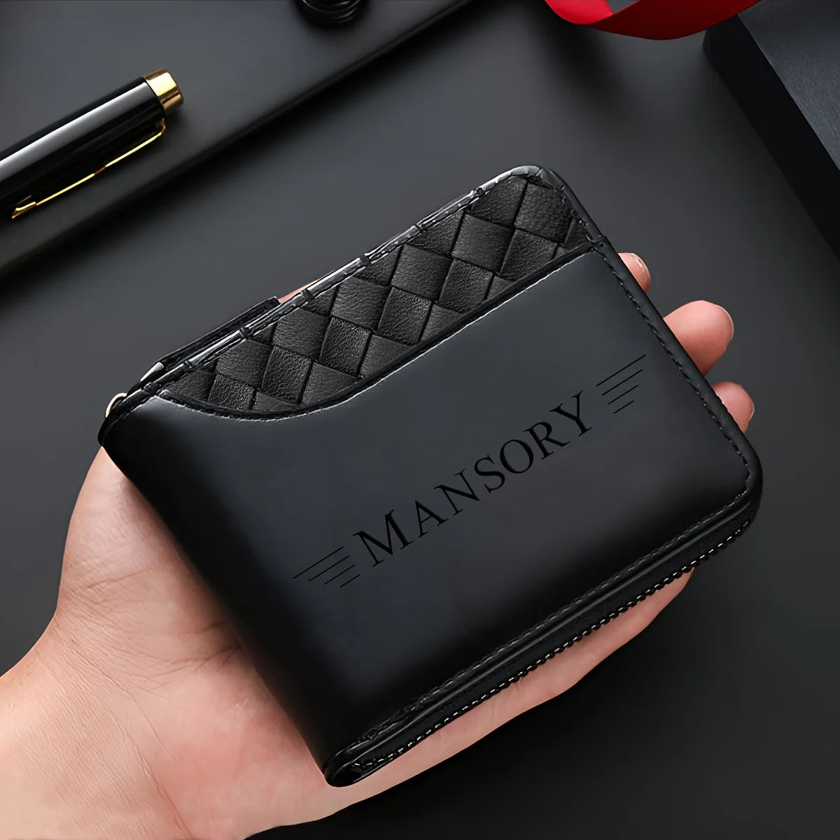 Luxury personalized men's wallet in black synthetic leather with engraved design, from Corporación Turística, stylish accessory for men.