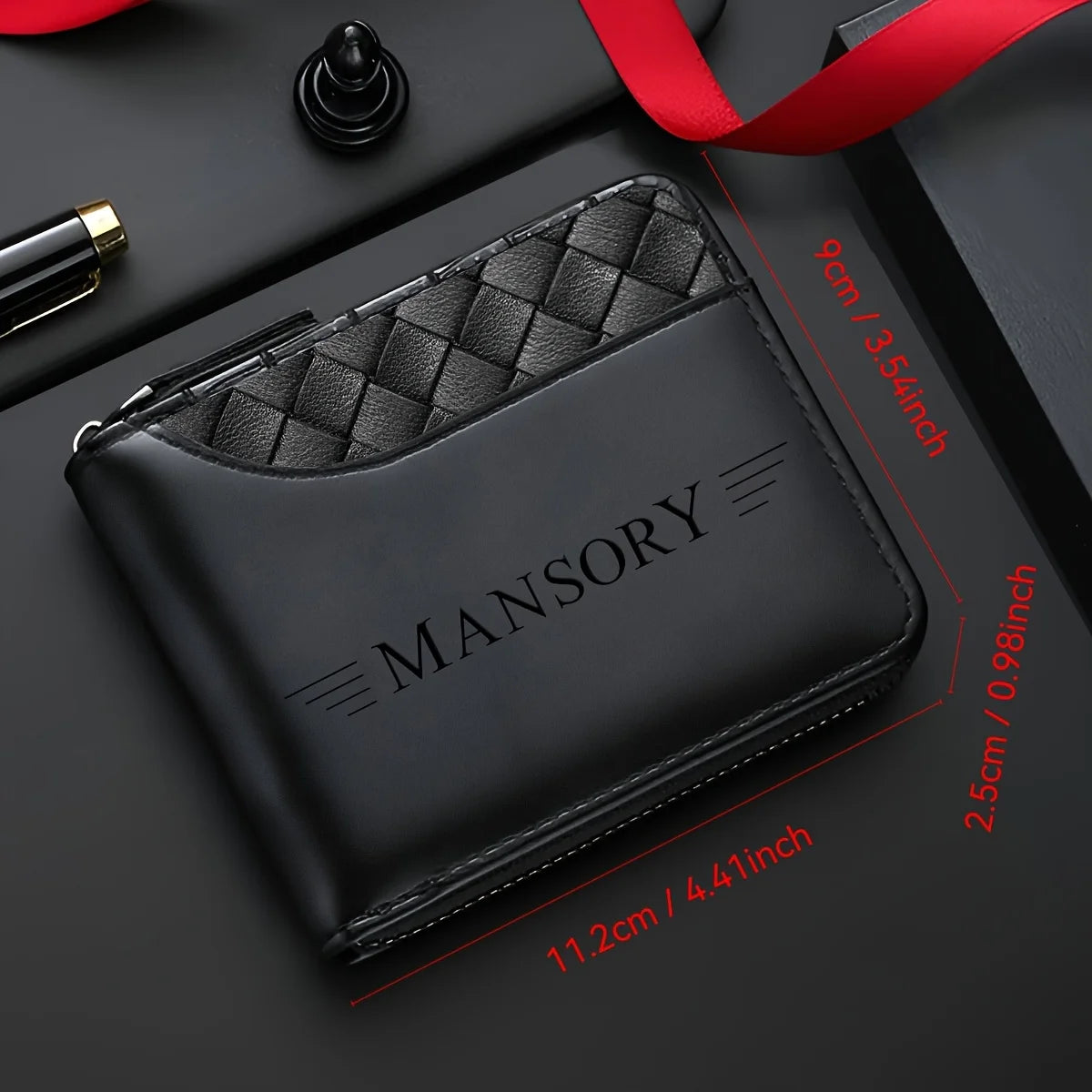 Black luxury personalized men's wallet made of engraved synthetic leather, featuring a sleek design and multiple card slots.