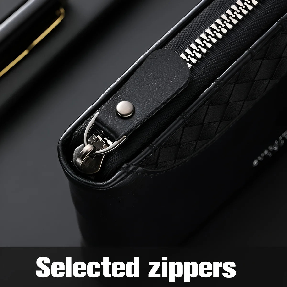 Luxury personalized men's wallet by Corporación Turística, black synthetic leather with engraved design, stylish accessory for men.