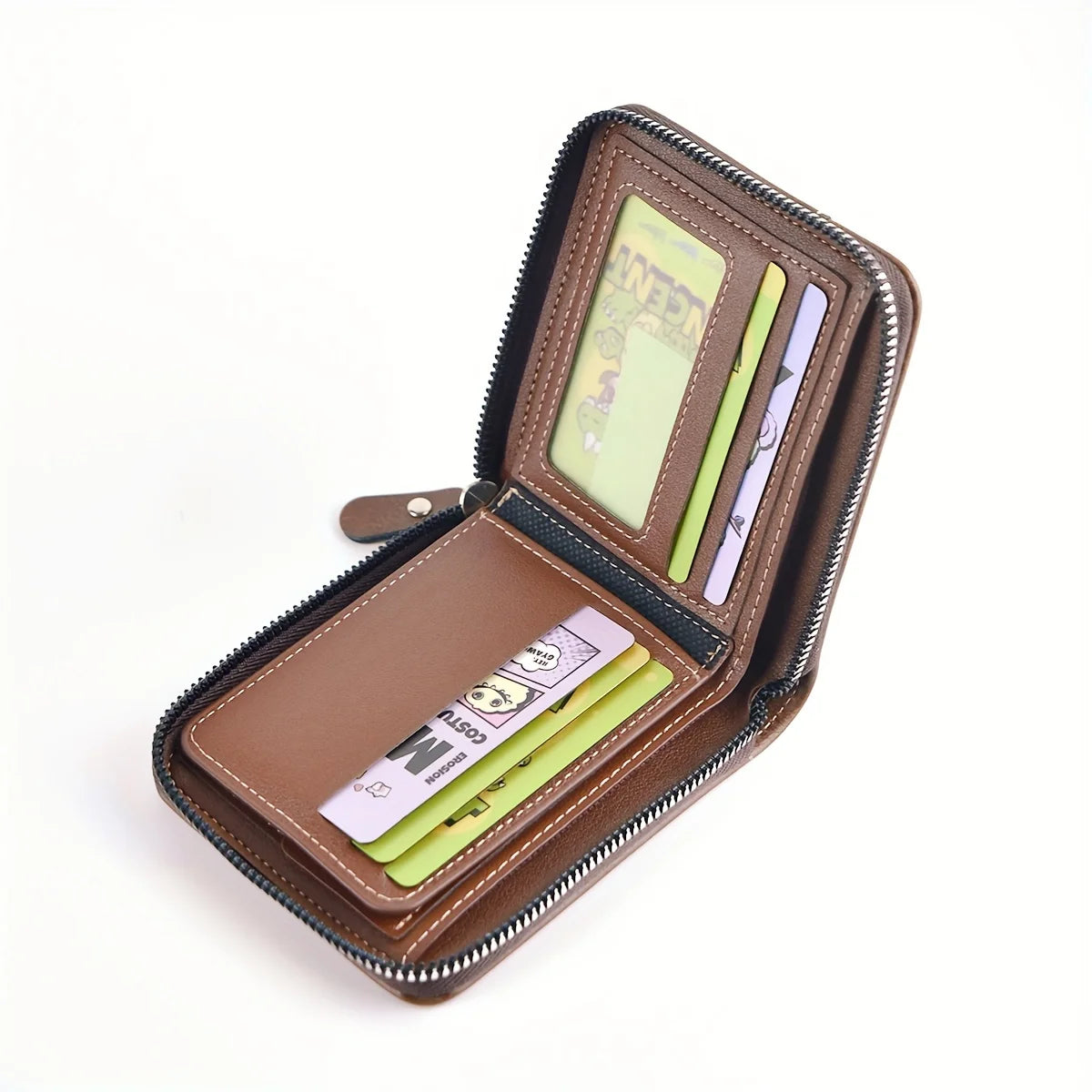 Black men's PU leather wallet with zipper, featuring a short design, coin pocket, and card slots, by Corporación Turística.