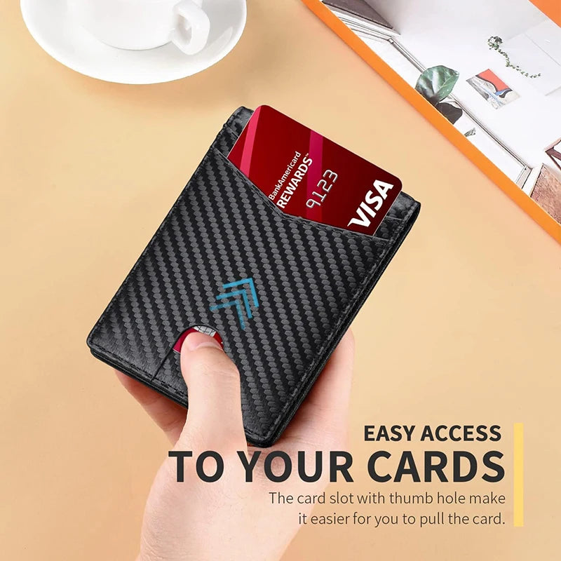 RFID leather men's wallet with ultra-fine carbon fiber design, featuring multiple card slots for secure storage.