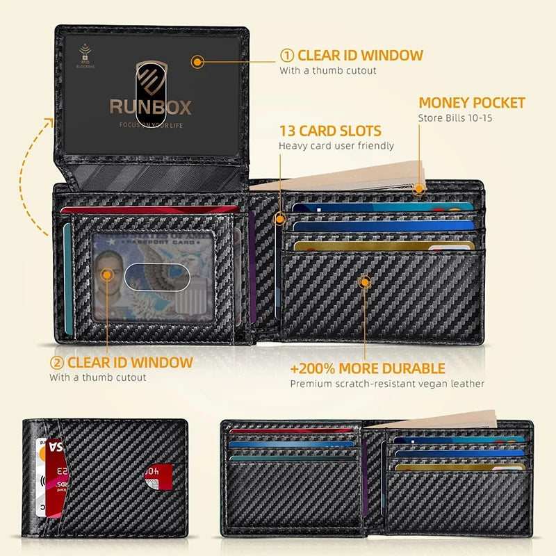 RFID leather ultrafine men's wallet with carbon fiber finish and ID window, designed by Corporación Turística.
