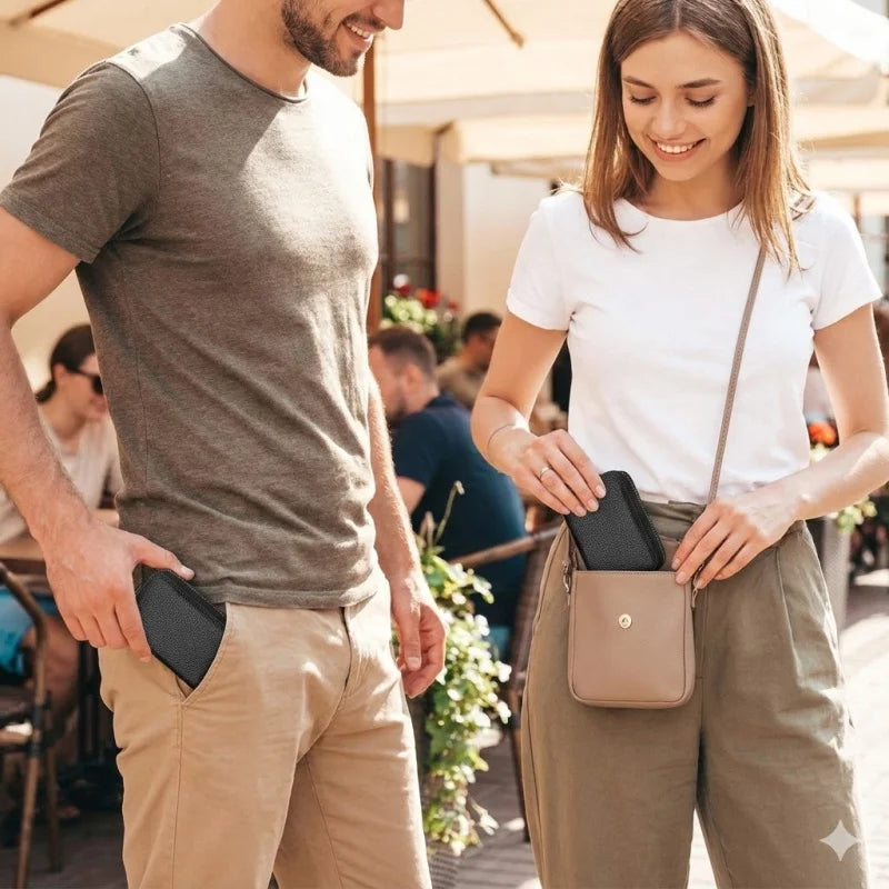 Black RFID unisex wallet with card holder and zipper, compact and elegant, from Corporación Turística, shown with multiple accessories.