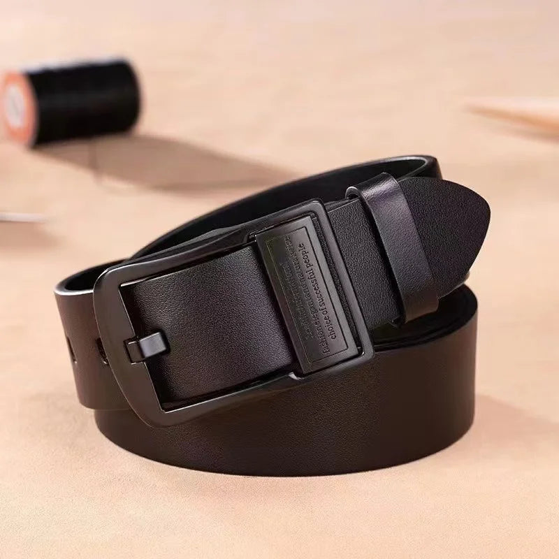 Leather men's belt with metal buckle, casual and luxury style, made of cowhide leather, 110 cm length, suitable for business or casual wear.