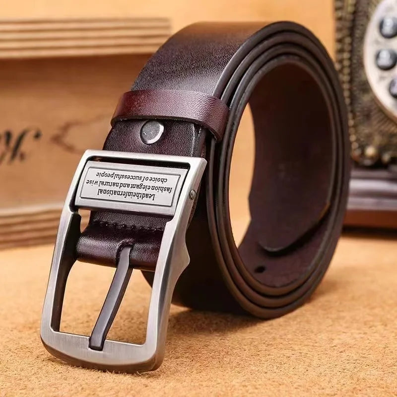 Leather men's belt with metal buckle, casual and luxury style, made from cowhide leather, 110 cm length, suitable for business or casual wear.