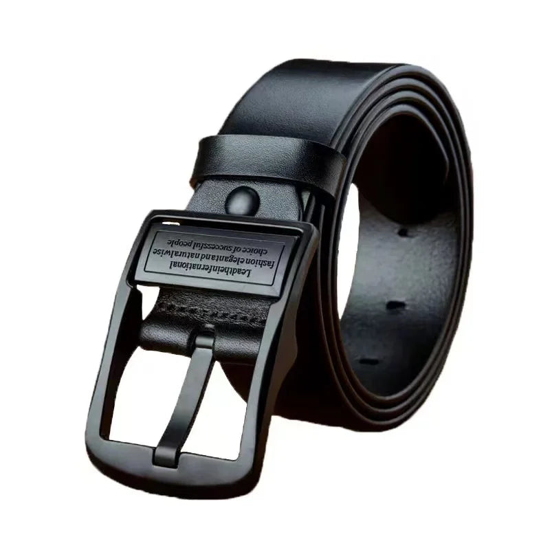 Leather men's belt with metal buckle, casual and business style, made of genuine cow leather, 110 cm length, luxury accessory.