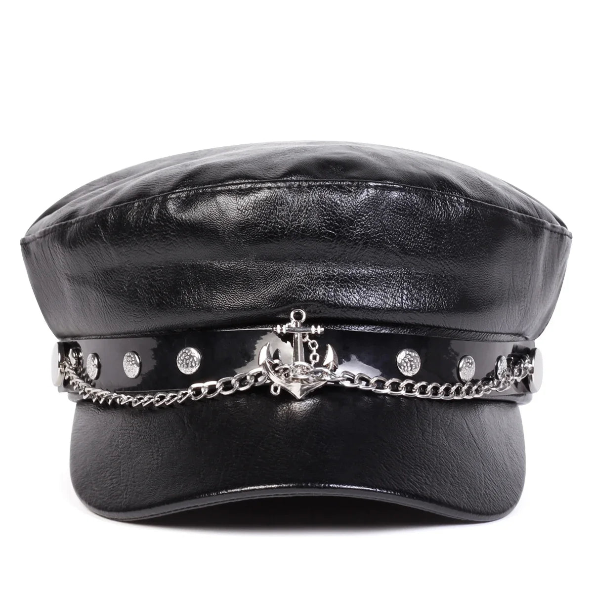 Black leather unisex military captain beret with anchor buckle, suitable for spring and autumn, by Corporación Turística.