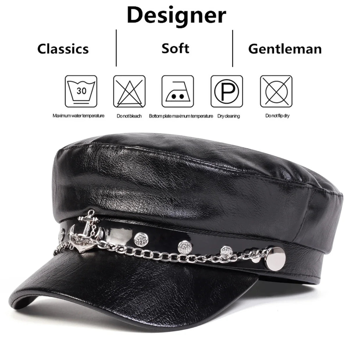 Black leather unisex captain military beret with anchor buckle, suitable for spring and fall fashion accessories.