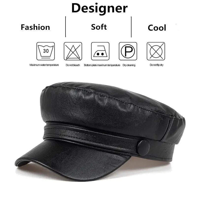 Black synthetic leather hip hop cap for adults, casual style suitable for spring and fall seasons.