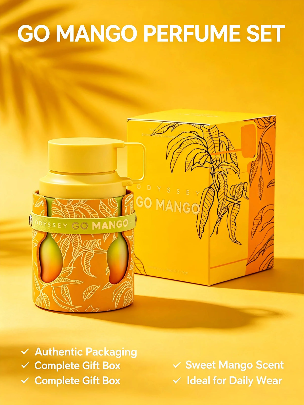 Armaf Odyssey Go Mango Tropical Collection Eau de Parfum bottle with yellow and tropical-themed packaging.