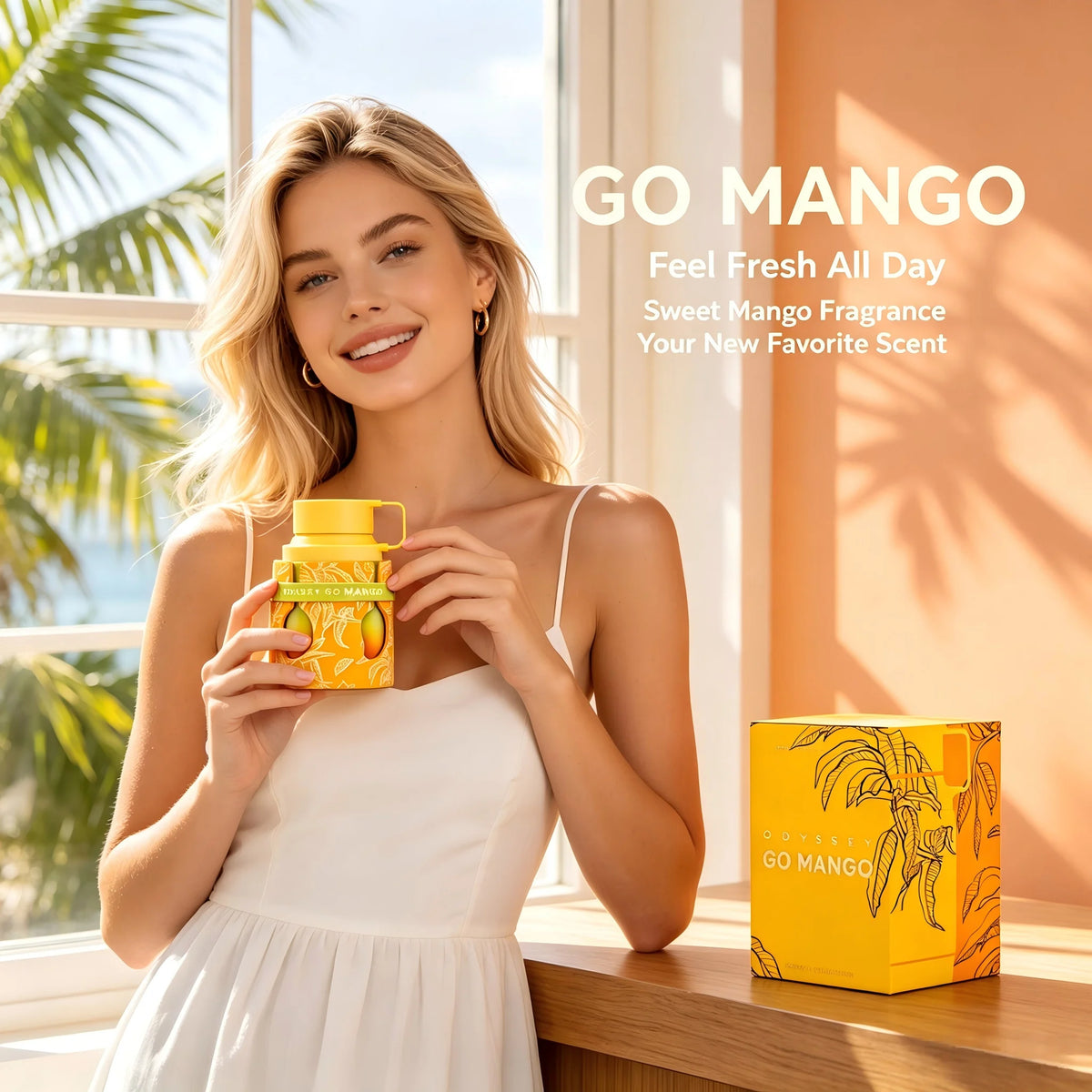 Armaf Odyssey Go Mango Tropical Collection Eau de Parfum bottle with yellow packaging and tropical scent notes.