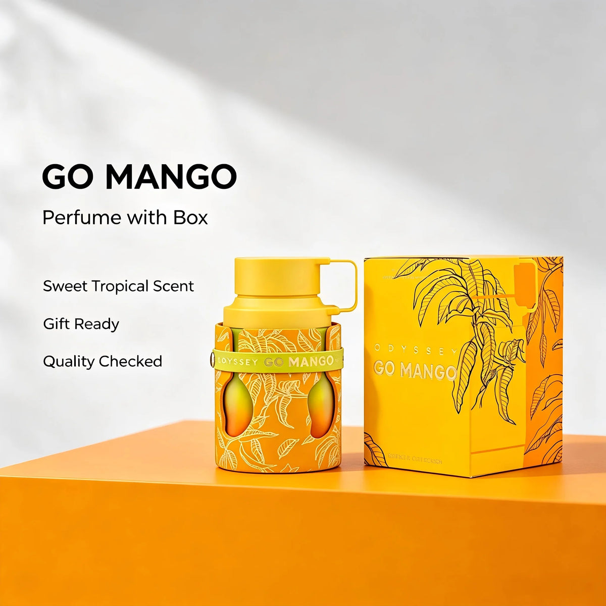 Armaf Odyssey Go Mango Tropical Collection Eau de Parfum in a yellow bottle, featuring a tropical mango scent.