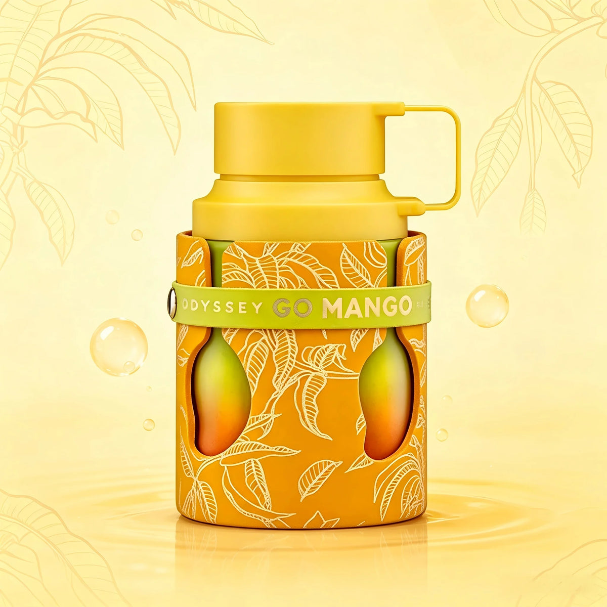 Armaf Odyssey Go Mango Tropical Collection Eau de Parfum bottle with yellow packaging, tropical scent, by Corporación Turística.