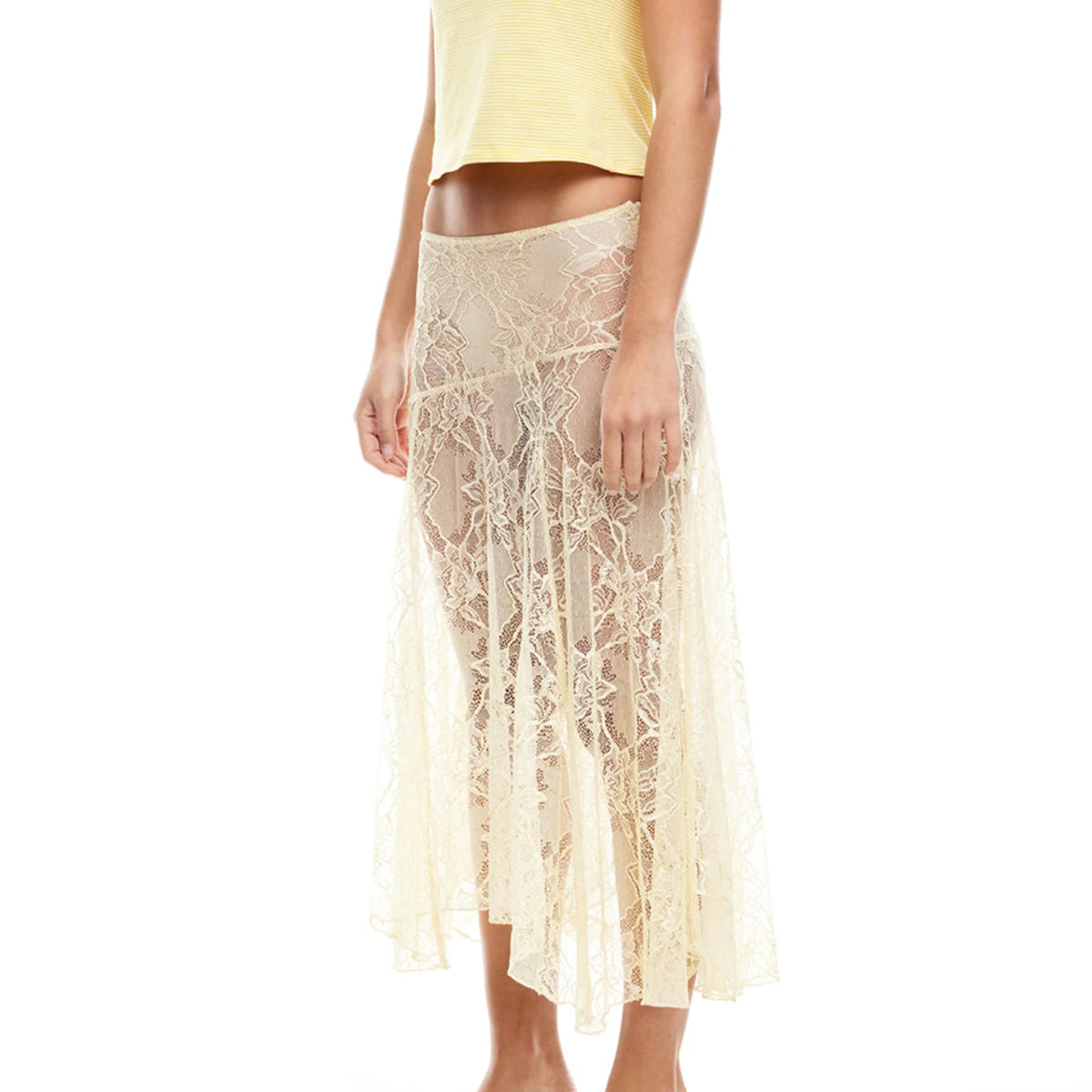 Yellow see-through lace summer skirt for women, lightweight and stylish, by Corporación Turística, showcasing delicate lace fabric and fitted design.
