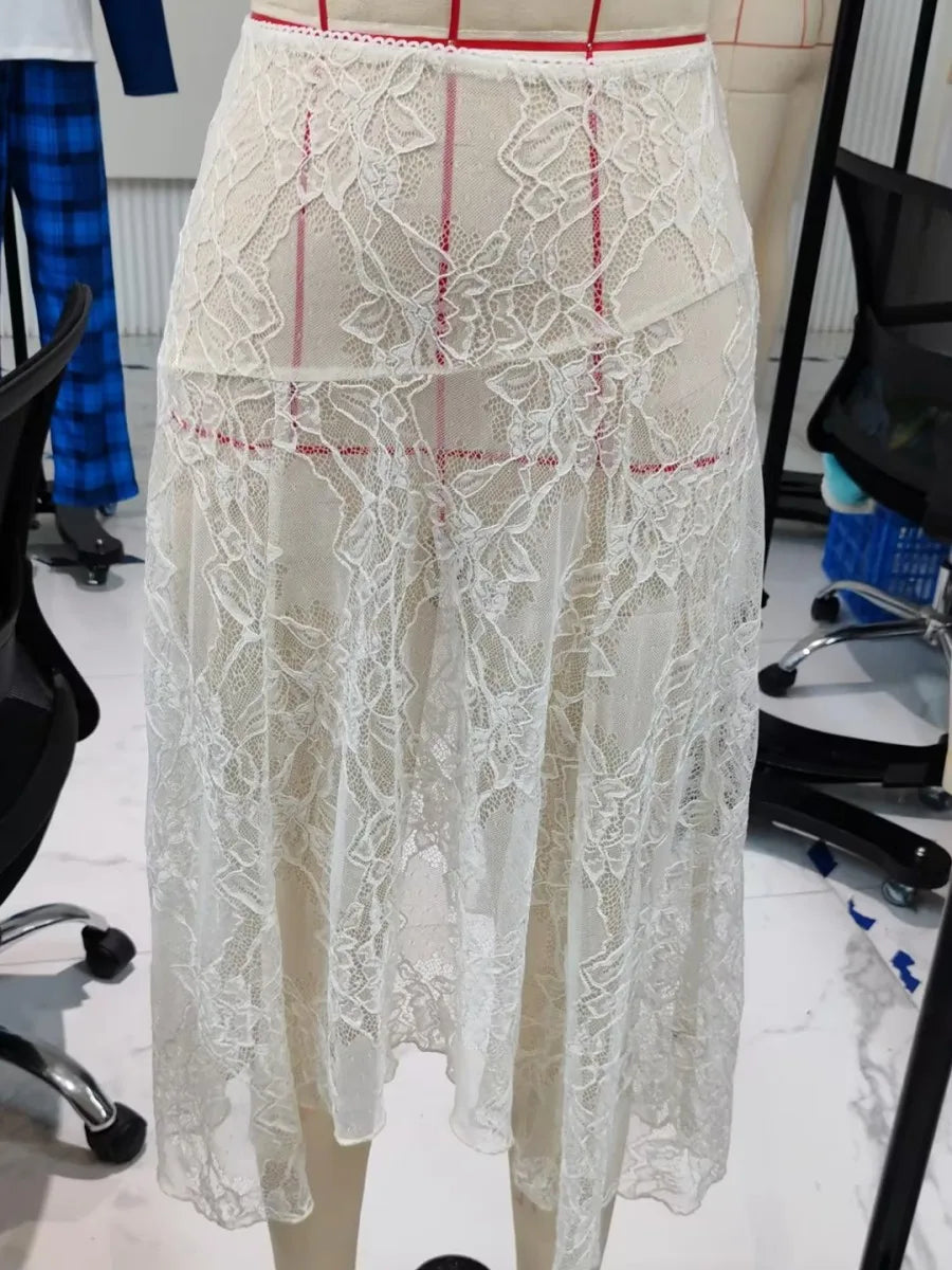 Yellow transparent lace summer skirt for women by Corporación Turística, featuring sheer, sexy design and lightweight fabric.