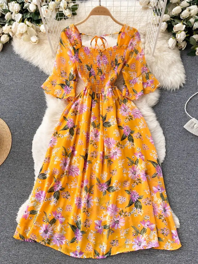 Yellow YuooMuoo women's dress by Corporación Turística, free size, stylish and comfortable for casual wear.