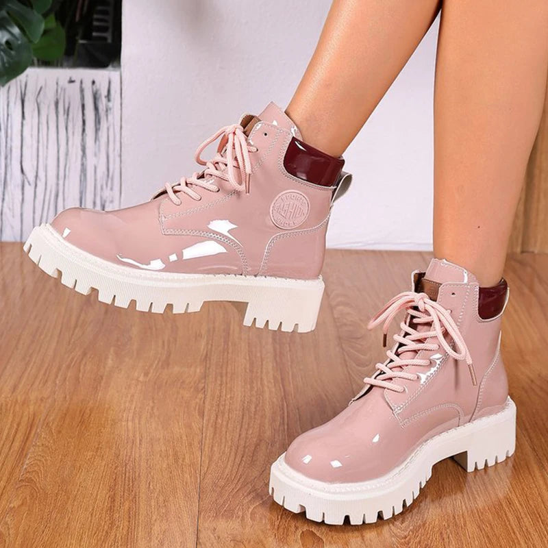 Charol women's lace-up pointed toe boots by Corporación Turística, apricot color, stylish and sleek footwear for women.