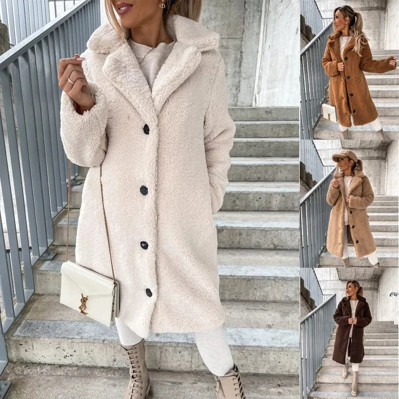 Long women's autumn and winter coat in apricot color by Corporación Turística, featuring a stylish, cozy design for cold weather.