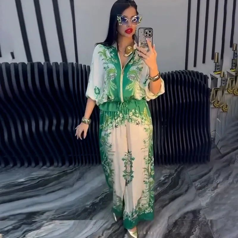Two-piece women's outfit by Corporación Turística with printed pants, featuring a stylish and comfortable design.
