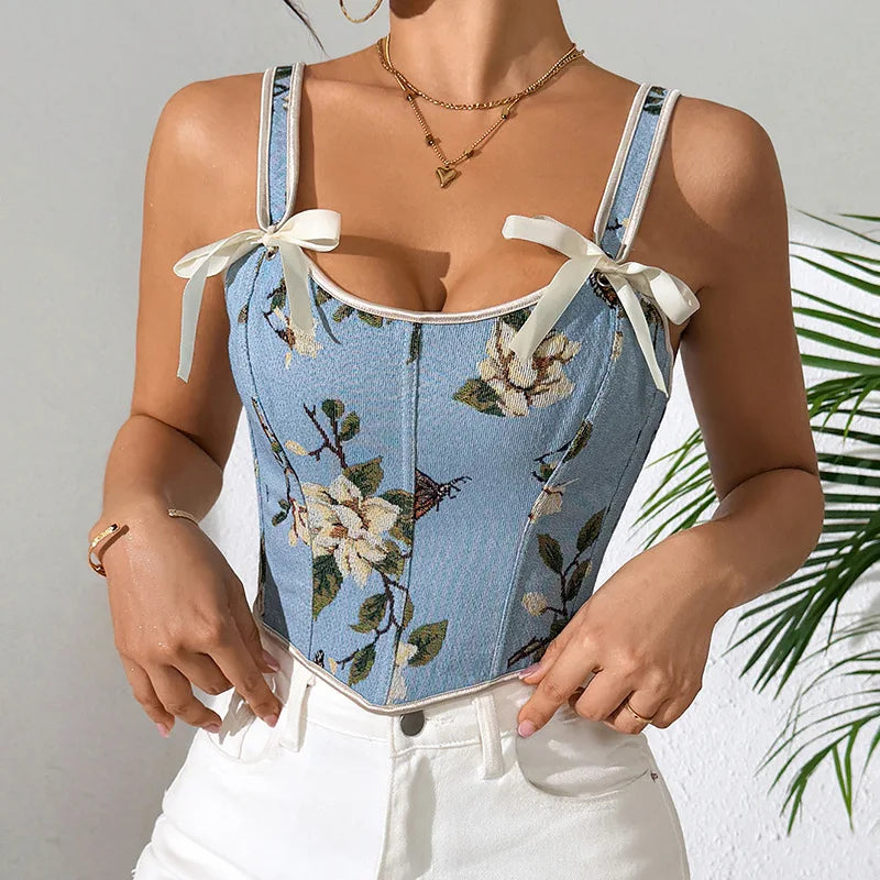Sexy floral print French-style lingerie top by Corporación Turística, featuring retro design and delicate apricot color.