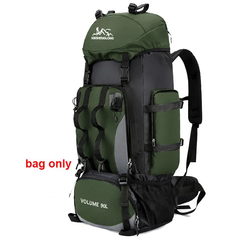 Corporaación Turística 90L waterproof hiking and camping backpack with multiple compartments and adjustable straps.