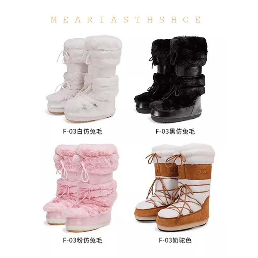 Women’s snow boots with thick synthetic leather soles, stylish winter footwear from Corporación Turística, shown in a natural outdoor setting.