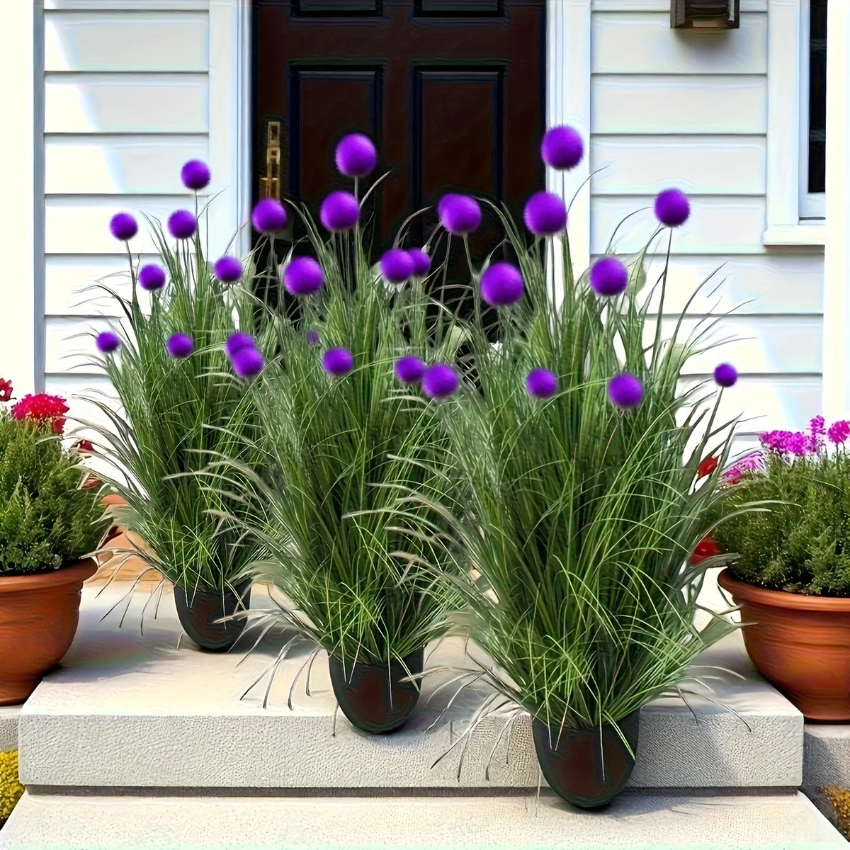 Five artificial purple bulbous grass plants from Corporación Turística, realistic decorative greenery for indoor or outdoor use.