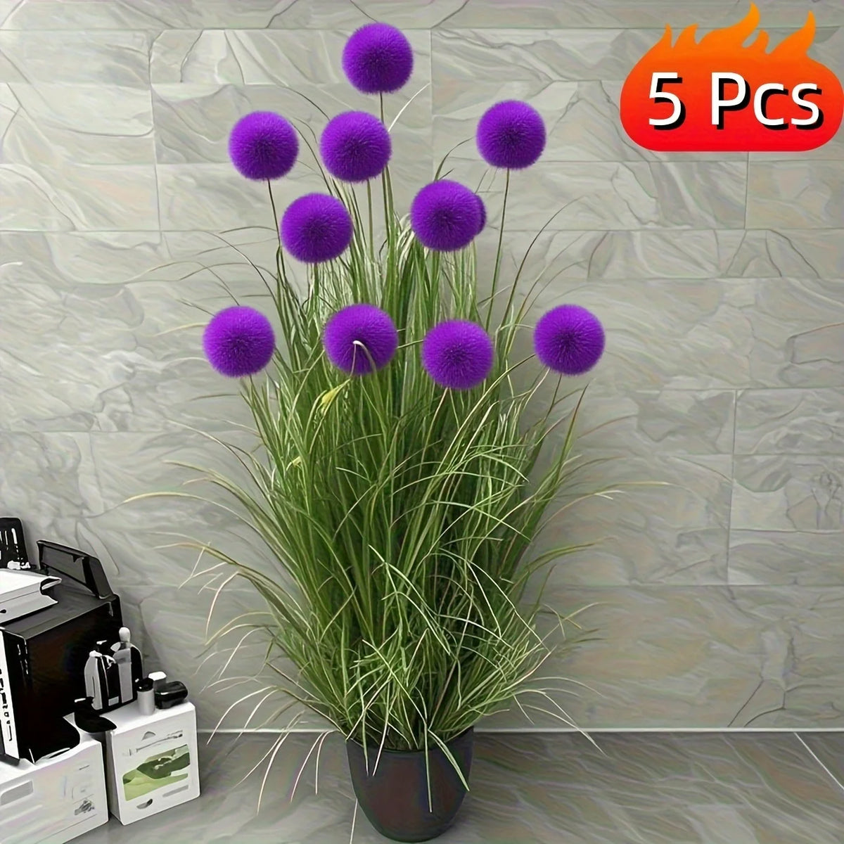Set of five purple bulbous grass artificial plants by Corporación Turística, realistic decorative faux greenery for home or office.