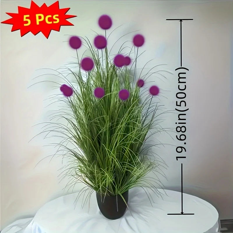 Set of five artificial purple bulbous grass plants by Corporación Turística, realistic faux greenery for home or office decor.