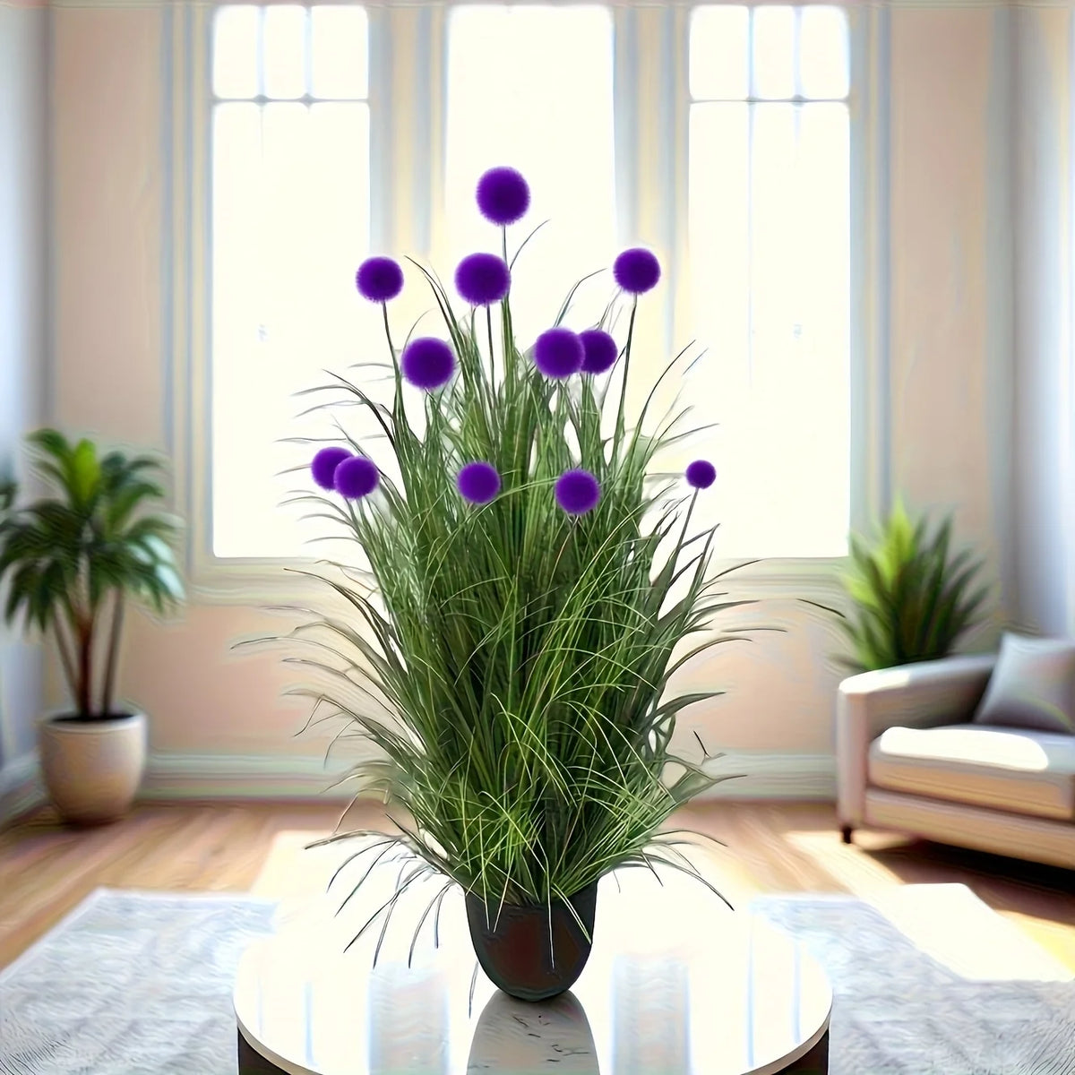 Set of five artificial purple bulbous grass plants by Corporación Turística, realistic decorative faux greenery for home or office.