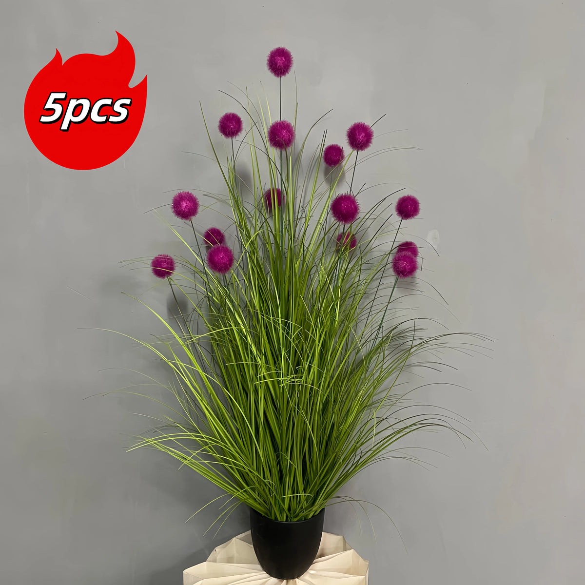 Set of 5 artificial purple bulbous grass plants from Corporación Turística, realistic faux greenery for home or office decor.