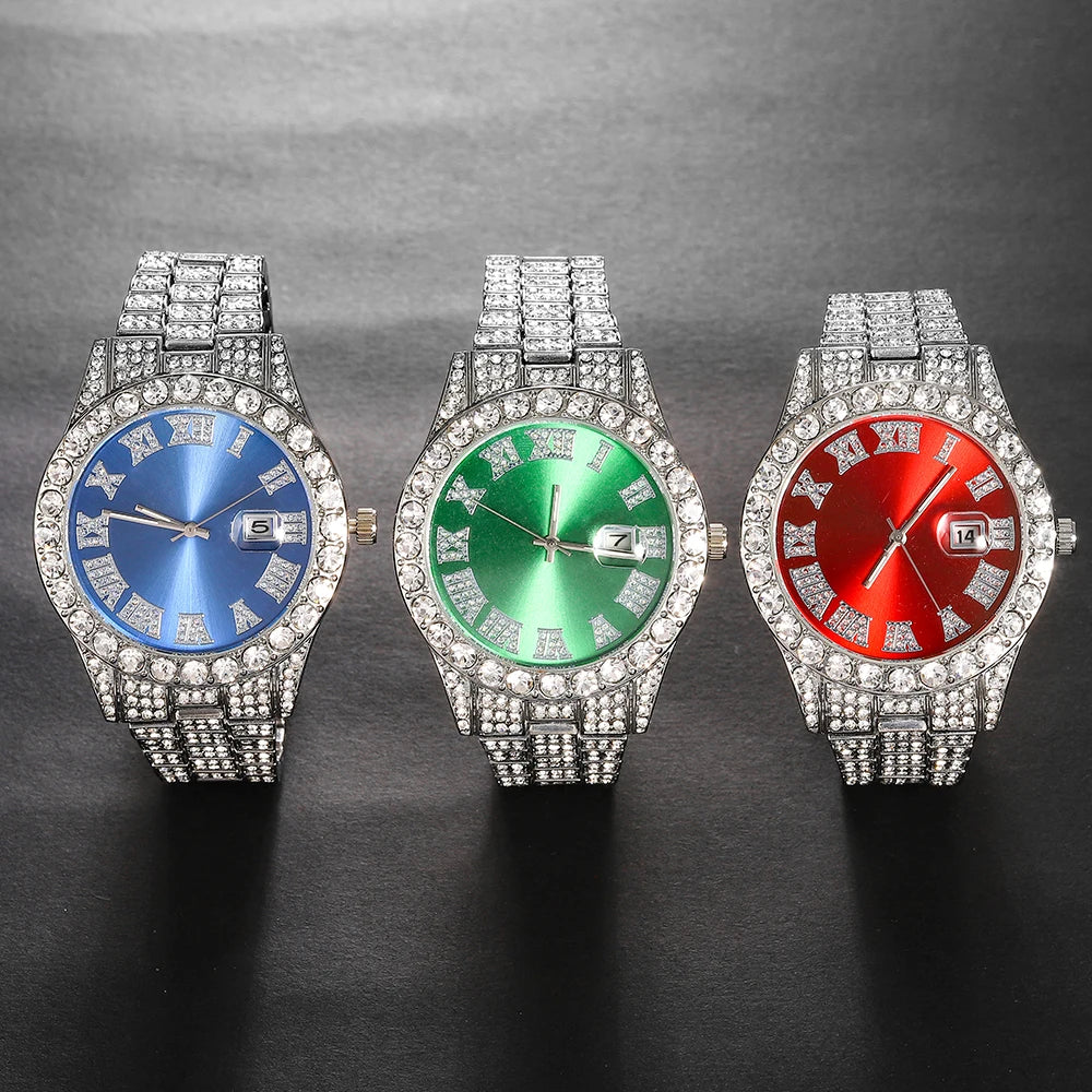 Silver men's watch set with diamond accents from Corporación Turística, featuring a sleek blue strap and elegant design.