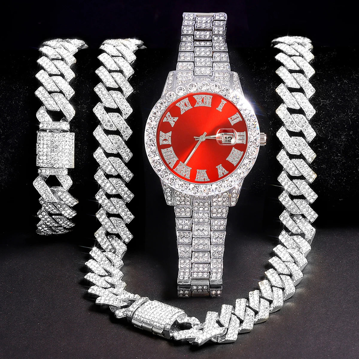 Silver men's watch set with diamond accents, featuring a blue strap and elegant design by Corporación Turística.