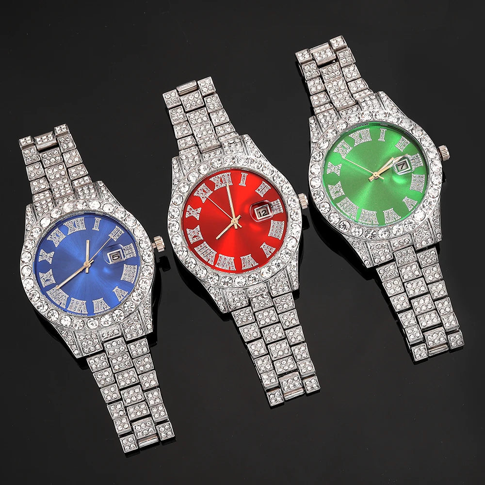 Silver men's watch set with diamond accents from Corporación Turística, featuring a sleek blue strap and elegant design.