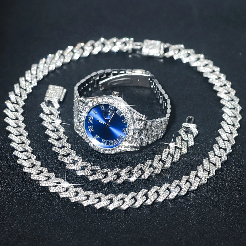 Silver men's watch set with diamond accents, featuring a sleek blue strap and elegant design by Corporación Turística.