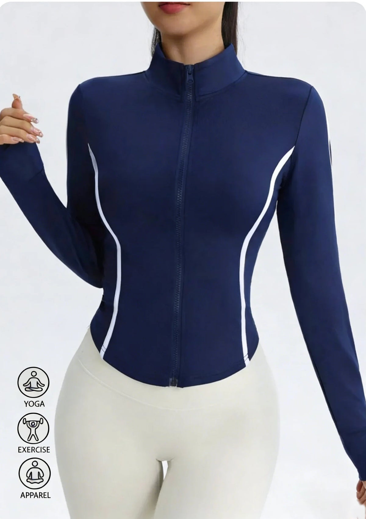 Marina blue women's yoga jacket from Corporación Turística with visible seam details, fitted style, and stretch fabric.