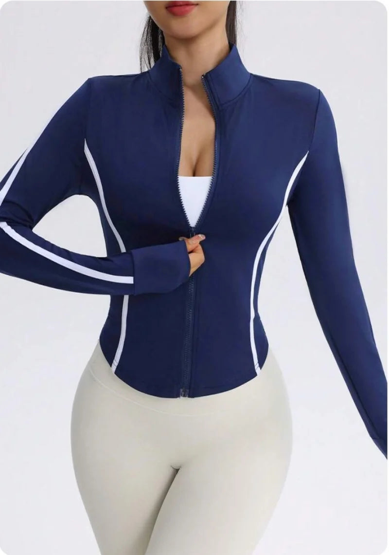 Marina blue women's yoga jacket by Corporación Turística with contrast stitching, lightweight and comfortable for active wear.