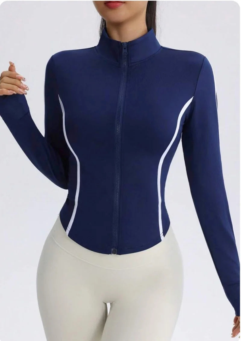 Blue navy women's yoga jacket with contrasting seams, made by Corporación Turística, shown on a model.