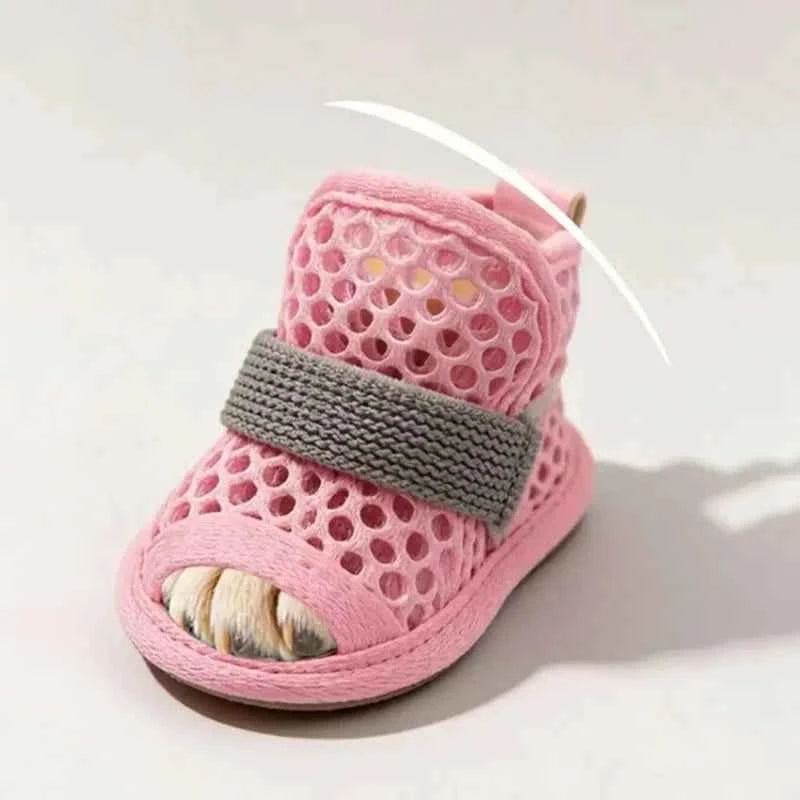Four pairs of blue breathable mesh dog shoes from Corporación Turística, showing lightweight, comfortable footwear for small dogs.